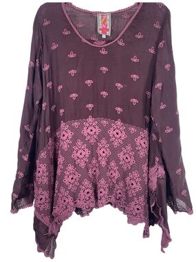 Johnny Was Dantel Flowy Tunic Merlot Size M Feathers Eyelet Cottage Core Boho